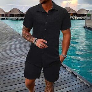 Men's Black Collared Neck Short Sleeve Top & Shorts Resort Outfit